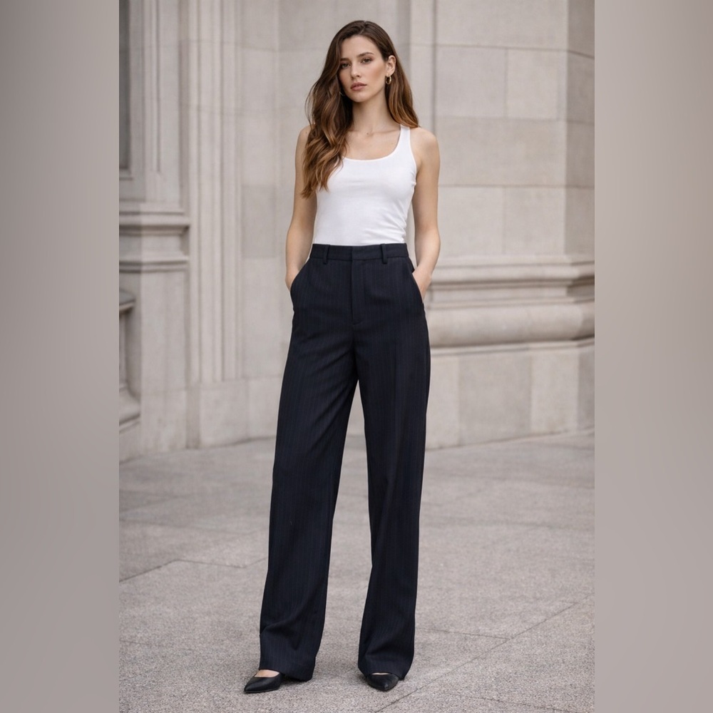 Zara Trousers Navy Blue White Pinstripe Wide Straight Leg High Rise Size Small‌